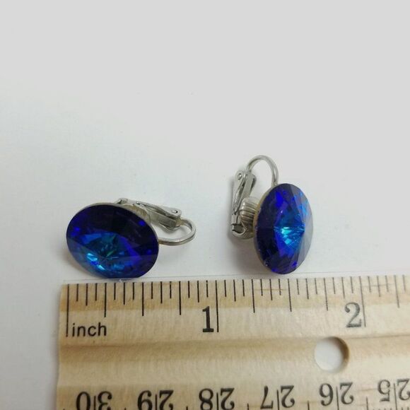 Vintage Blue Rhinestone Clip On Earrings, Sparkly Round Retro, Estate - Picture 4 of 6